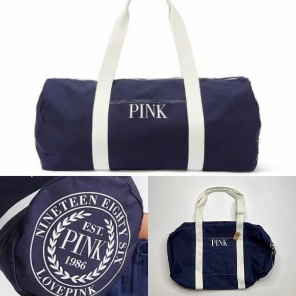 Victoria's Secret PINK Navy Blue Canvas Duffle Gym Weekender Travel Bag - Picture 1 of 10